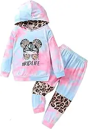 [KIDLAGA] Toddler Girl Clothes Figure Graphic Drop Shoulder Top Pullover Leopard Print Pants Fall Winter Outfit Set