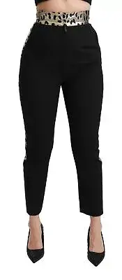 Dolce&Gabbana Women Black Pants Wool Blend Leopard Print Cropped Trousers IT 40