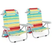 Foldable Backpack Beach Chair with Cup Holder and Storage Pockets Set of 2-Multi