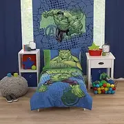 NoJo Marvel The Incredible Hulk Green, and Blue 4 Piece Toddler Bed Set - Comforter, Fitted Bottom Sheet, Flat Top Sheet, and Reversible Pillowcase
