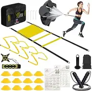 ZenCrest 11-in-1 Agility Ladder Speed Training Equipment Kit-20ft Soccer Ladder, 4 Adjustable Hurdles, Ball Kick Trainer, 12 Cones, Resistance Parachute and Carry Bag for Kids, Youth and Adults