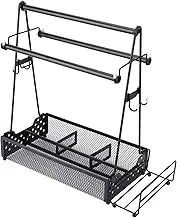 Barbecue Condiment Organizer Durable Metal Mesh Seasoning Rack with Paper Towel Holder for Patio and RV Black Carbon Steel (1 Set)