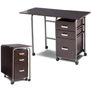 Giantex Folding Computer Desk Rolling Laptop Table w/3 Drawers & Lockable Universal Wheels Study Office Brown