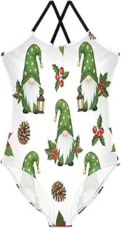 [RPLIFE] Cute Christmas Gnomes Green Hats Swimming Suit for Girls, Summer Beach Swim Suits Kids, 3-10