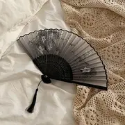 Floral Print Foldable Hand Fan (various designs) 25 Fan Bone - Lotus - Dark Gray - One Size