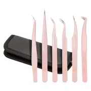 6x Light Pink Eyelash Extension Precision Tweezer Set w/ Storage Case for Women