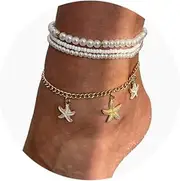 [Riymusry] 4Pcs Pearl Bead Anklet Bracelet Set,Multi-layered Pearl Anklets,Bikini Gold Starfish Foot Chain Boho Elastic Beaded Leg Bracelet Jewelry for Women, Medium, alloy, no gemstone