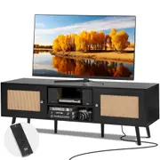 Rattan TV Stand for 65 inch TV, Boho TV Stand with Rattan Door, Entertainment Center with Build-in Socket and USB Ports, Modern TV Console for Living Room, Media Room,