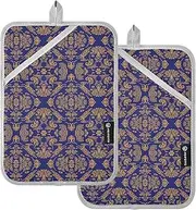 Pot Holder Heat Resistant Blue Orange Bohemian Classical Vintage Flower Print Potholders with Pocket Kitchen Hot Pad Oven Mitts 2 Pack