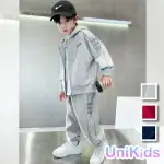 【UNIKIDS】中大童裝2件套裝反光條長袖連帽外套運動長褲 男大童裝 VP329(藏青 紅 灰)