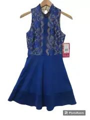 NWT Sz S Emerald Sundae Dress Womens Fit & Flare Royal Blue Lace Mock Neck