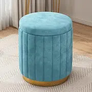 Blue Velvet Storage Ottoman with Gold Base Large Capacity Foot Rest Stool for Living Room and Bedroom 34x34x45cm