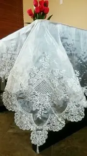 70" Square Handmade Beaded Pearl Embroidered Sheer Tablecloth Napkins Wedding