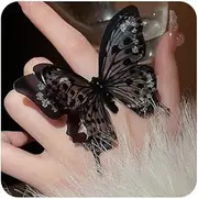 [Chargances] Vintage Black Big Butterfly Ring Exaggerate Acrylic Knuckle Ring Adjustable Open Statement Butterfly Ring Wedding Jewelry for Women Girls, open size, rhinestone, Crystal