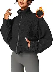 [HaBrat] Womens Sherpa Cropped Jacket Stand Collar Full Zip Long Sleeve Short Fleece Coat With Pockets