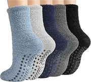 Toes Home Fuzzy Socks Men with Grips, Winter Fluffy Slipper Socks Hospital Cozy Warm Non-slip Thick 5 Pairs