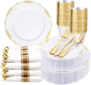 175-Piece White Gold Plastic Dinnerware Set - 25 Dinner Plates, 25 Dessert Plate