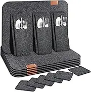 Cheerhom Washable Felt Placemats, Set of 18, Anthracite, Heat Resistant, Square, 6 Glass Coasters, 6 Cutlery Pockets
