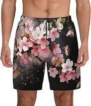 [JHLMN] Men's Swim Trunks Quick Dry Board Shorts Drawstring Beach Short Tempting Cherry Blossoms Bathing Suit for Men
