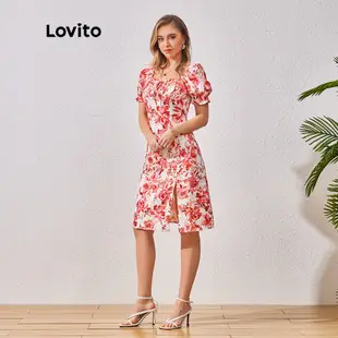 Lovito 波西米亞格女花開衩洋裝 LBL07078