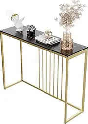 Slim Console Table Hallway Unit: Black Gold Lines Pattern Marble Top Consoles Desk Long 100cm High Gloss Sintered Stone Marbles Effect and Gold Frame Narrow Tall Modern Sofa Side Tables Living Room