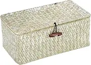 Seagrass Woven Facial Tissue Dispenser, Tissue Box, Box Cover Holder Storage Case Rectangle Napkin Organizer for Home Decor, Kitchen, Office Table Desktop, 26x 16 x 10cm (Vintage White)