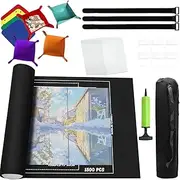 1500 Pieces Jigsaw Puzzle Mat Roll Up with 18 Glue Sheets Puzzle Saver & 6 Hooks - Puzzle Accessories Includes 8 Sorting Trays, Hand Pump, Inflatable Tube, Storage Bag Gifts for Puzzle Lovers (Black)