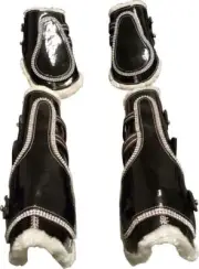 Black-Bling Faux Patent Leather Tendon/ Fetlock Boots with Fur lining-Set of Fou