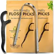 Floss Picks Biodegradable with Tongue Scraper. Kit Natural Floss Picks and Compostable Flossers to Protect Planet and Your Oral Care.