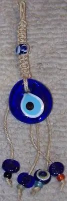 8" Long Macrame 1 1/2" & Four Small Bead Glass Judaica Evil Eye Luck Wall Charm