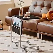 SHANGDAOYU Sliding C-Shaped Side Table,with Storage Bag and Storage Frame,for Couch and Recliner, Slide Under Sofa Tray for Living Room, Bedroom(Black)