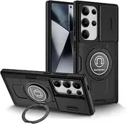 [ELEPIK] for Samsung Galaxy S24 Ultra Case with Camera Cover, [360° Rotatable Ring Stand] [Slide Camera Lens Cover] Pass 16ft Drop Test Military Grade Heavy Duty Protective Phone Cover, Black