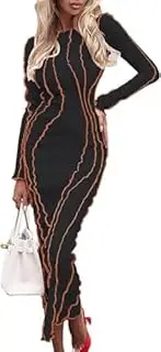 [Generic] Casual Long Sleeve Bodycon Maxi Dresses Ribbed Irregular Patchwork Solid Shift Tight Ladies Party Dress