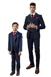 Mens Boys Tweed Suit Windowpane Check Father Son Navy Tailored Fit 3 Piece Set