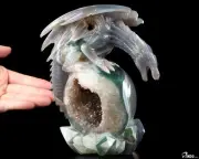 7.2" Agate Amethyst Geode Hand Carved Crystal Dragon Sculpture, Crystal Healing