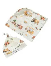 [Snuggle Hunny] Diggers and Tractors Organic Jersey Wrap and Beanie Set in Multi