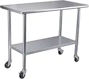 ROCKPOINT Stainless Steel Table for Prep & Work with Caster 48x24 Inches, NSF Metal Commercial Kitchen Table with Adjustable Under Shelf and Table Foot for Restaurant, Home and Hotel
