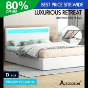 ALFORDSON Bed Frame Double Size RGB LED Gas Lift Storage Base White LUCHINO