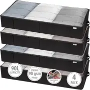 4 Pack Black Under Bed Storage Containers - Large Capacity with Transparent Lids