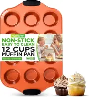 12 Cup Muffin Pan, Durable and Nonstick Carbon Steel Bake Pan with Silicone Hand