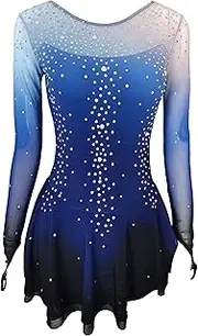 [JoyCan] Ice Figure Skating Dress Girls Women Blue Black Gradient Long Sleeve Competition Dress