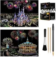 Scratch Art Rainbow Painting Paper 16'' x 11.2'' Sketch Pad Night View Scratchboard for Kids & Adults, Engraving & Craft Set, Scratch Painting Gift, 2 Pack with 6 Tools (Castle - Amusement Park)