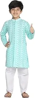 [VASTRAMAY] Boys' Cotton Kurta Pyjama Set with Lucknowi Chikankari Embroidery, Full Sleeves & Mandarin Collar – Perfect for Eid