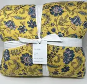 New~Pottery Barn Bette Floral Block Print Lightweight Quilt~Yellow Blue~Queen