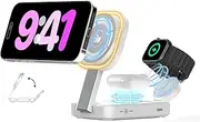3 in 1 Foldable Wireless Charging Station for iPhone Magnetic Charger,Mag-Safe Travel Wireless Charger Stand Dock Compatible with iPhone 16/15/14/13&Air-Pods&Apple Watch with Night Light Stand(White)