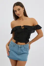 Black Frilled Top Sleeveless Off Shoulder Chiffon - Size 14L, Women's Crop Top
