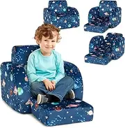 HONEY JOY Kids Sofa, 3 in 1 Convertible Flip Open Couch w/Foam-Padded Seat, Velvet Fabric, Toddler Armrest Chair Bed for Nap Play Sleep, Fold Out Lounger, Ideal for 0-3 Years (Blue Planet)