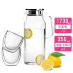 1壺2杯-NORDIC簡約耐熱玻璃冷水壺組合1700ML+250ML(304不鏽鋼耐熱玻璃冷水壺雙層玻璃杯)