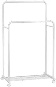 SONGMICS Double Rods Clothes Rack with Wheels, Clothing Rack for Hanging Clothes, Heavy Duty Garment Rack with Mesh Storage Shelf, 2 Brakes, Each Top Rail Holds up to 77 lb, White UHSR026W01