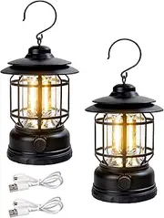 ZCOINS 2 Pack Rechargeable Camping Lantern, Retro Camp Light Lamp for Indoor Outdoor, 1200mAh Battery Powered LED Light with Hook, Portable Camping Lantern for Hiking, Fishing, Emergency